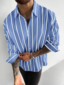 GloMan 男士经典黑白条纹长袖衬衫，亚麻质感休闲办公通勤衬衫，四季皆宜的经典款式，圣诞节新年礼物，母亲节礼物 - 藍白色 - 查看 3