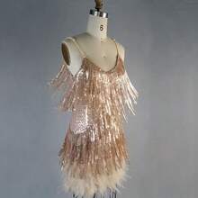 Women's Sleeveless Pink Fringe Feather Party Mini Skirt, Spaghetti Strap Neckline, Fashionable And Dazzling, Perfect For Night Out Elegant - Champagne - View 7