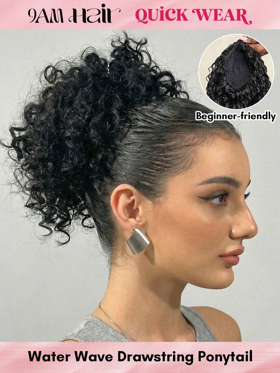 QUICK WEAR Ponytail Human Hair 1pc Water Wave Drawstring Ponytail Extension Natural Black Elegant Corn Wave Style Girl's Ponytail Human Hair Extension For All People Daily Use Sport Vacation Travel Festival Prom Outdoor Cosplay Campus School Beach Wedding Camping Holiday Outfits Summer Outfits Vacay Vibes Charm Elegant Casual Y2k Fashion Styles Ss25 Keywords