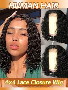 4*4蕾丝闭合假发，蓬松卷曲波波头蕾丝前额假发，预先拔毛，带婴儿发，透明蕾丝假发，适合女性日常佩戴，200%密度 - Natural Black - 查看 1