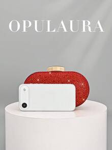 Bolso de mano tipo clutch de lujo con cristales brillantes para mujer de OpulAura, bolso de noche con diamantes brillantes para ocasiones formales, bolso de fiesta/boda/gala de moda con cadena - Rojo - Ver 4