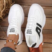 2026 New Spring/Summer Women Thick Sole Casual Sneakers, Breathable Athletic Shoes, Fashionable Lace-Up White Shoes - Black and White - View 5