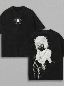 Anime Shizuku, Phantom Troupe Double-Print Retro Washed T-Shirt, Unisex Loose-Fitting Heavyweight Cotton T-Shirt, Exclusively For Anime Fans And Enthusiasts. - màu đen - Xem 1