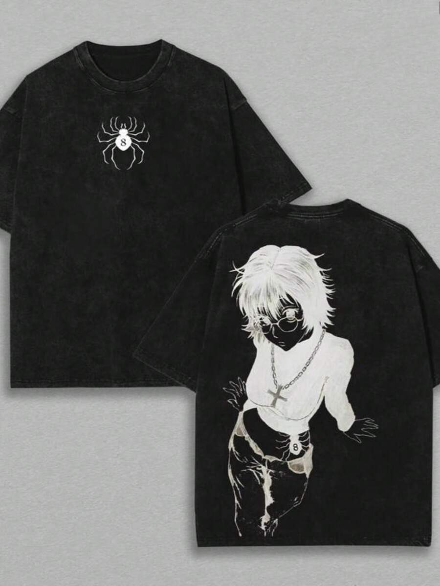 Anime Shizuku, Phantom Troupe Double-Print Retro Washed T-Shirt, Unisex Loose-Fitting Heavyweight Cotton T-Shirt, Exclusively For Anime Fans And Enthusiasts. - màu đen - Xem 1