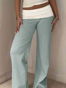 Sunny Girly Spring Women's Back To School Striped Straight-Leg Pants, With A White Ruffled Waist Design, Suitable For Valentine's Day Wear - Green - View 6