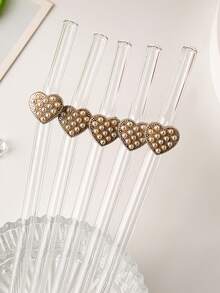 1pc Elegant Pearl Heart Shaped Reusable Transparent Bent Straw, Kitchen Accessory, Cup Essential, Back To School Gift, Valentine's Day Party Favor - Clear - View 3