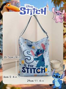 Disney 官方授权史迪奇图案单肩包，淘气史迪奇大号书包，卡通印花休闲购物袋，可调节肩带，轻便手提包，适合儿童/女孩/学生 - 秋季/春季/外出/购物的完美之选 - 藍色 - 查看 3