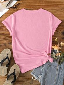Women's Solid Color Simple Crewneck Short-Sleeved Summer T-Shirt, Daily Wear-Unisex Summer Casual Vintage Cotton Printed T-Shirts For Couples - 粉色 - 查看 2