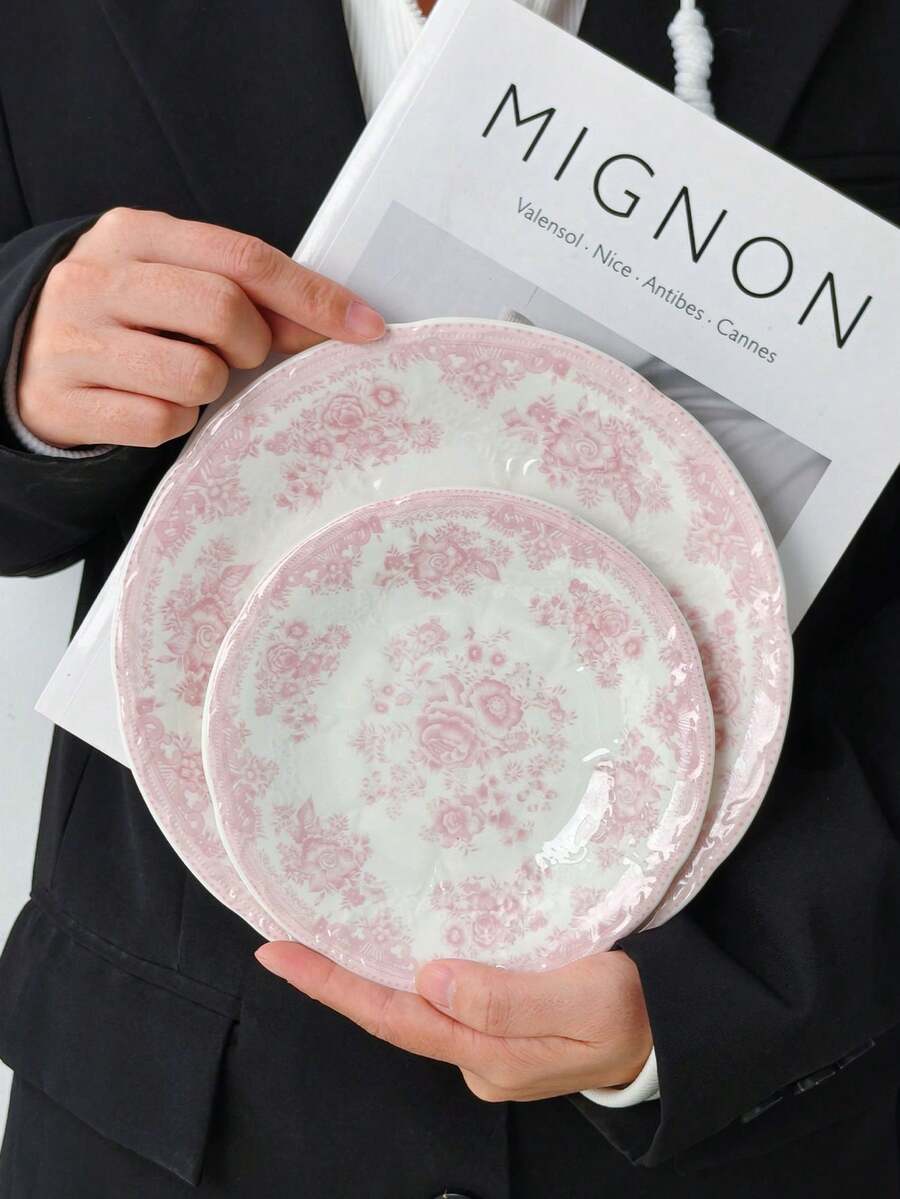 1/2/4pcs Vintage Embossed Ceramic Plates, French Style Snack Plates, Dessert/Cake/Breakfast Serving Trays, Dinner Plates For Steak, Pasta, Coffee Cup, Fruit, Candy, Gift Tableware - Multicolor - View 1