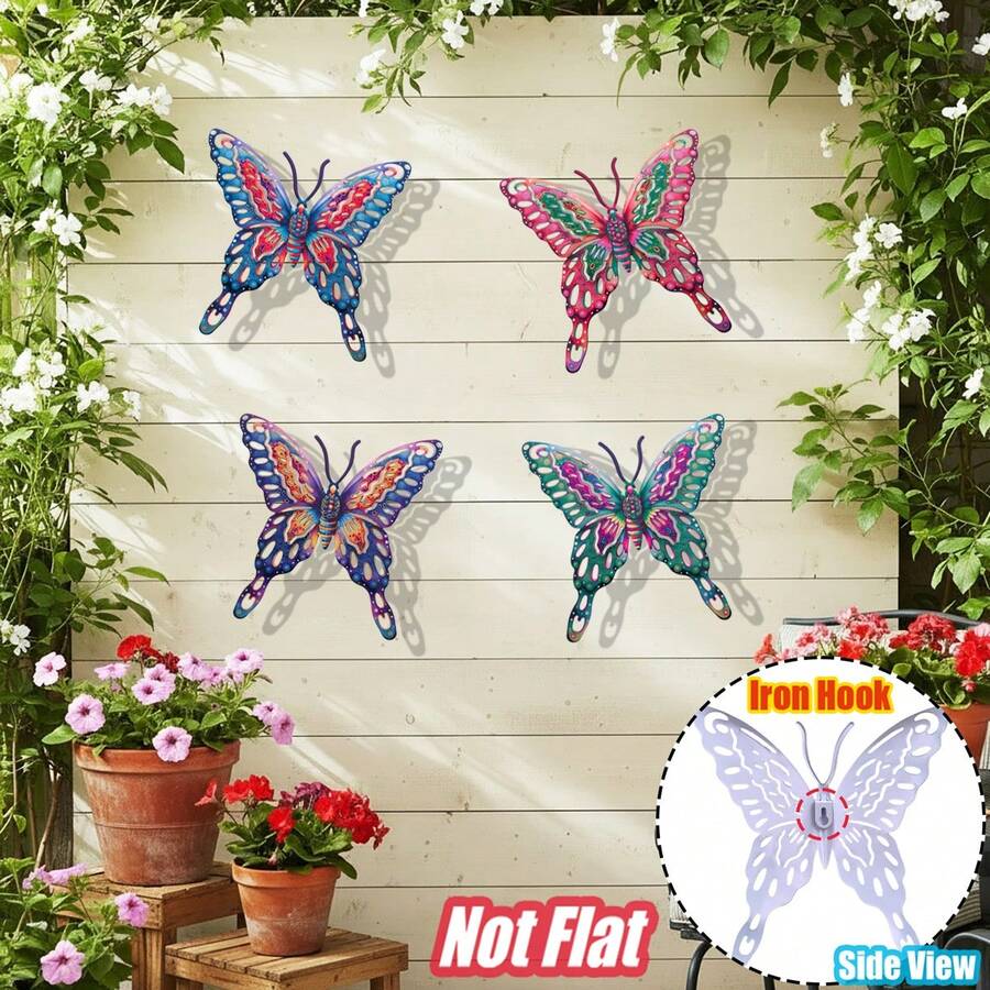 4 PEÇAS Decoração de Parede de Arte em Metal Vazado em Formato de Borboleta, Escultura de Parede de Arte em Ferro Vibrante e Resistente à Ferrugem de 16 cm, Ornamento Decorativo Suspenso para Jardim, Pátio, Quintal, Varanda, Cerca - Presente Perfeito para Família, Amigos, Inauguração e Dia das Mães - Estilo A - Visão 1