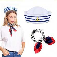 2pcs/1 Set White Sailor Cap, Unisex Navy Blue Striped Sailor Captain Hat, Adult Costume Accessory - Multicolor - View 1