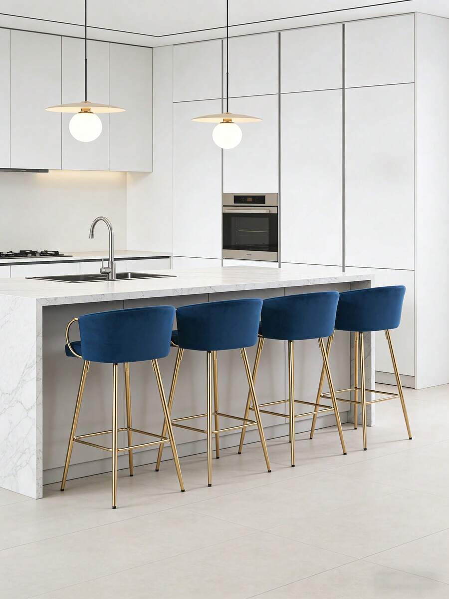 26 Inch Set Of 2 Bar Stools,With Chrome Footrest And Base ,Electroplated Metal Frame,Velvet + Golden Leg, Simple Bar Stool With Back And Arm.High Chair For Restaurant, Coffee Shop,Kitchen Island And Home Bar.Furniture Living Room - 藍色 - 查看 1