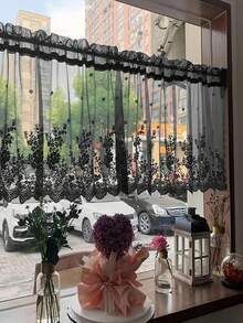 1pc New Elegant Black Single Layer Plum Blossom Jacquard Flat Valance Curtain, Suitable For Villa, Balcony, Living Room, Bedroom, Cafe, Small Window, Half Curtain - Black - View 8