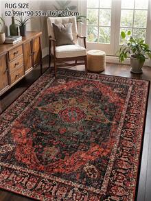1pc Vintage Distressed Style Rug, Red Bohemian Moroccan Polyester Fiber Comfortable, Rectangular Easy Care Washable Area Carpet For Living Room, Hallway, Bedside, Home Decor