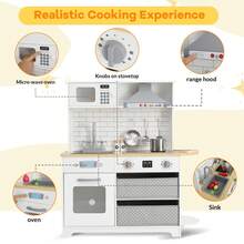 Juego de cocina para niños, juego de juguete de cocina de madera con estufa, horno, fregadero y 17 piezas de juguete para alimentos y utensilios de cocina, cocina de juego de simulación con 2 cajones - Blanco - Ver 4