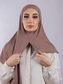 1pc Instant Wear Knit Headscarf, Made Of Soft Breathable And Pilling-Resistant Fabric. Tie-Style Headscarf. Suitable For Muslim Daily Wear All Year Round. - Brown - View 2