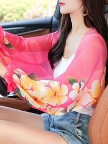 1pc Women's Chiffon Shawl With Sleeves, Casual Lightweight Poncho - Gentle Rose Red - View 2