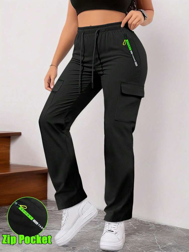 Pantalones cargo con bolsillos con cremallera para mujer, diseño de bolsillos grandes de moda, cintura elástica con cordón, pantalones casuales ajustados para uso diario/al aire libre, color negro - Negro - Añade 2