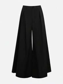 Solid Color Pocket Marked Women's Wide Leg Pants, Suitable For Daily, Back To School, Party, Airport, Commuting, All Seasons Black Spring - Black - View 8
