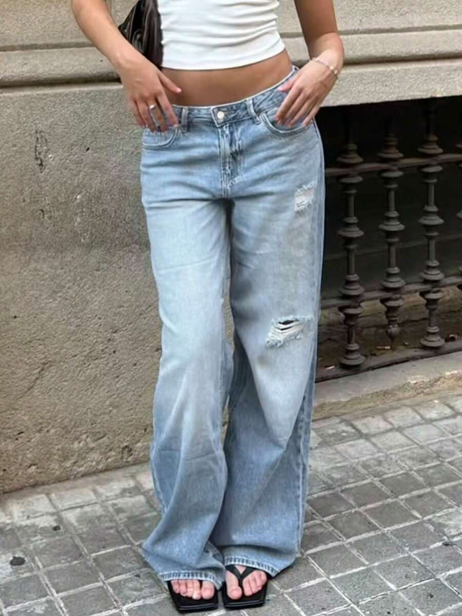 Quần jeans nữ dáng suông, cạp thấp, rộng rãi, phong cách thường ngày, bạc màu, rách nhẹ. - Rửa nhẹ - Xem 1