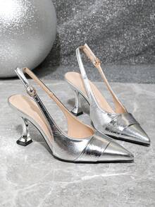 Sandalias de tacón bajo con punta puntiaguda y diseño minimalista, estilo francés, de tacón fino y correa, nueva llegada primavera/verano 2026 - Plateado - Ver 14