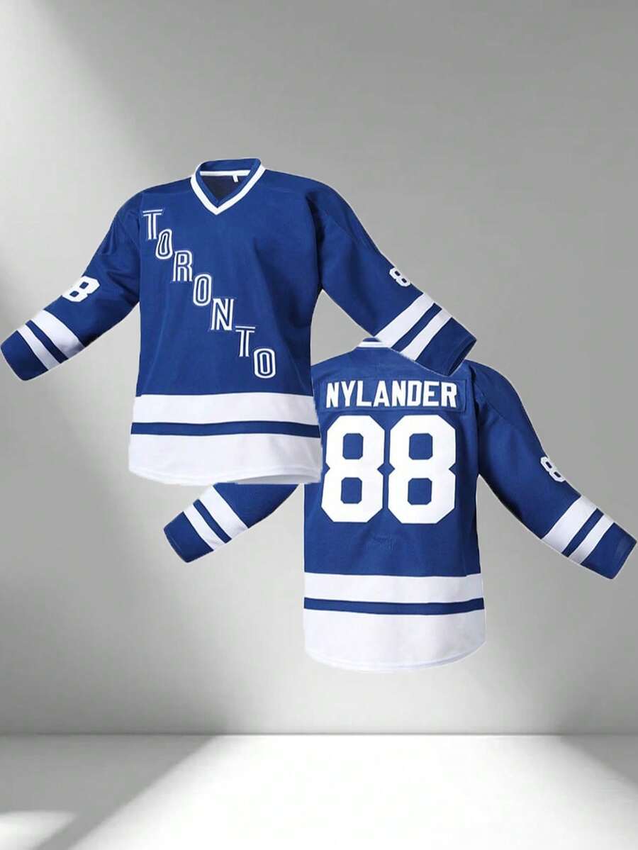 Men's Embroidered Hockey Jersey, Blue Casual V-Neck Long Sleeve T-Shirt, Party & Sports Wear - Black - View 1