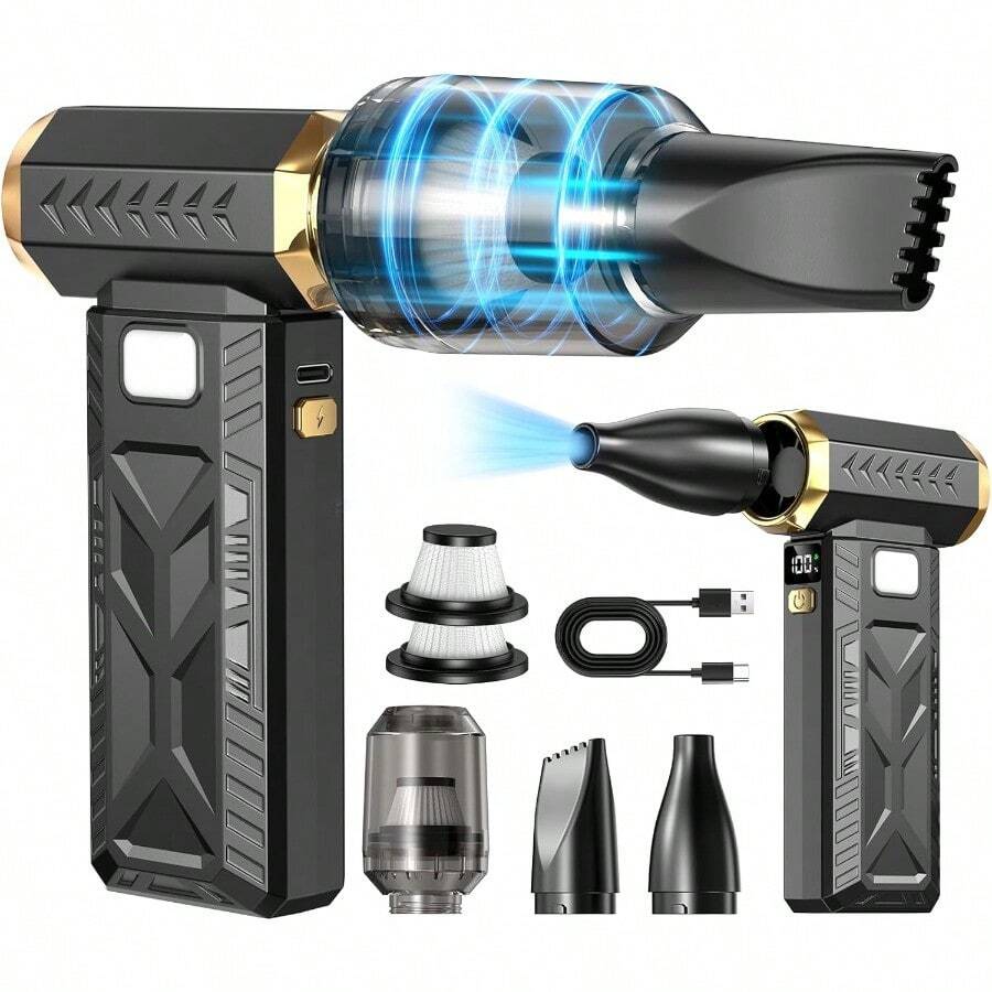 CYAire Comprimido y Aspiradora 5 en 1 [6 Velocidades] 150000RPM Sopladora de Aire Inalambrica y Potente Mini Aspiradora para Auto Lavable HEPA Filtro 30MIN-4H Autonomía Ultra Larga - como en la foto - Ver 1