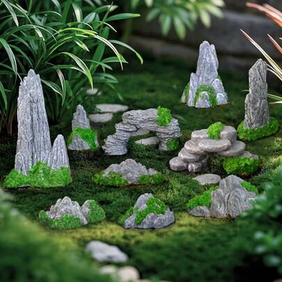 10pcs Artificial Mini Moss Fake Rock/Stone/Gravel Decor, Outdoor Garden/Planter/Lawn/Moss Terrarium/Fish Tank/Tea Table/Home/Office Desk/Balcony Decoration, DIY Landscaping Accessories, Miniature Sandbox Decor