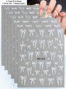 3/6pcs 5D Bow Nail Art Stickers, White & Pink Ribbon French Manicure Nail Decals, Cute DIY Nail Decoration - Multicolor - View 15