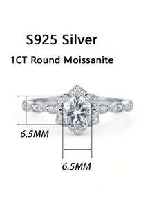 1pc Women's Wedding Ring, Lily Flower Design Ring, 2g 925 Sterling Silver, 1 Carat Moissanite, Bohemian Palace Style, Luxury Engagement/Wedding/Anniversary/Valentine's Day Gift, Comes With Moissanite Certificate And Elegant Gift Box - Silver - View 3