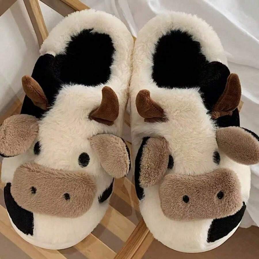 Soft And Cute Girly Cow-Toe Cotton Slippers For Winter Fashion Girls Home Warm Plush Shoes - Đen và trắng - Xem 1