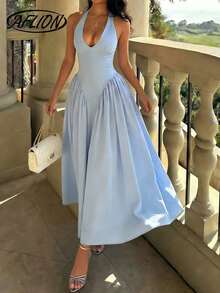 Aflion Đầm nữ màu xanh dương hai dây cổ chữ V eo cao dáng chữ A, thiết kế hở lưng buộc dây kiểu Y2K, đầm dự tiệc hè, đi biển, nghỉ lễ, dạ hội cho bé gái. - Xanh da trời - Xem 2