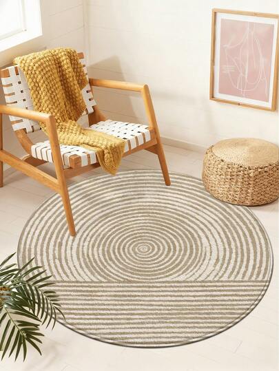 DAJIANG 1件圆形撞色条纹地毯，浅棕色和米色几何竖条纹简约风格，羊毛材质，适用于浴室、厨房、户外、室内、走廊、卧室、客厅、床边等场所，可机洗。