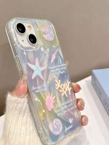 1pc Silver Feather Texture Marine Element Seaweed Starfish Minimalist TPU Shockproof Phone Case Cover For IPhone 11/12/13/14/15/16/17/Pro Max - Silver - View 3