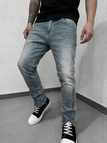 男士拉链裤脚牛仔裤，深色复古猫须做旧水洗，修身版型，竖向拉链裤脚设计，美式Y2K街头服饰单品 - 深色水洗藍 - 查看 4