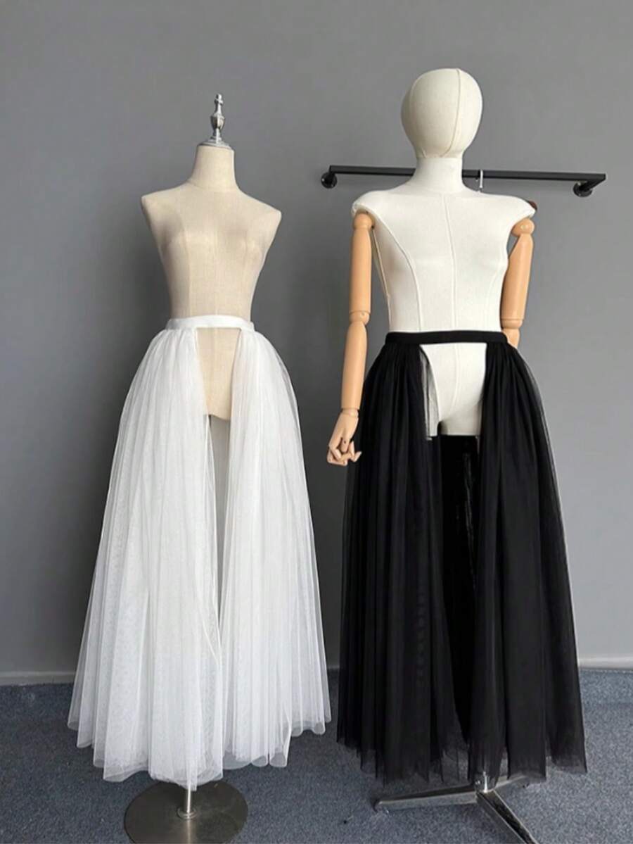 新款高腰中长款薄纱裙，褶裥喇叭裙摆，显瘦效果 - 彩色 - 查看 1