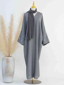 1 chiếc áo khoác Abaya tay dài thêu họa tiết trăng thanh lịch dành cho nữ, kiểu dáng cổ điển Ả Rập, thích hợp mặc hàng ngày, dự tiệc, nghỉ lễ mùa xuân. - Xám - Xem 4