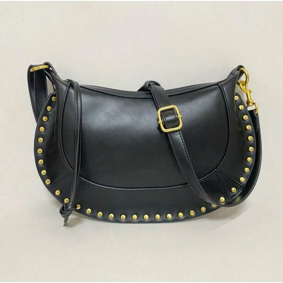 Retro Cross-Border Handbag With A Studded Design, Genuine Leather Shoulder Bag, Fashionable Handbag With Individual Character. ISFrench Retro Cross-Border Studded Classic Crescent Bag Genuine Leather Crossbody Bag Personality Fashion Handbag - 黑色 - 查看 1