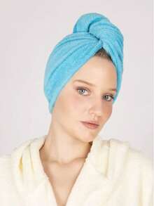 Beyzateks Textile Luxury Buttoned Towel Hair Drying Bonnet Made In Turkey 25x70 Cm 100% Cotton - Mint Blue - View 2