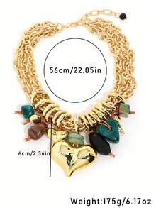 奢华金属链心形吊坠项链，纹理石装饰简约颈链，复古时尚个性化项链 - 金屬鏈愛心墜 - 查看 6