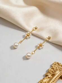 2pcs Earrings Long White Pearl Tassel Dangle Statement Earrings Flower Pendant Earrings Bridal Wedding Dainty Prom Earrings Birthday Gifts Jewelry - Gold - View 2