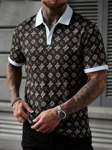 WAIT HIM Men's Casual All-Over Print Contrast Trim Short Sleeve Polo Shirt - Brown - View 5