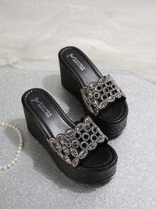 女士蝴蝶结装饰厚底坡跟拖鞋，轻便露趾凉鞋，适合沙滩、休闲和户外活动 - 黑色 - 查看 2