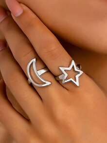 2件套简约星月设计戒指，女士时尚首饰 - 銀色 - 查看 1