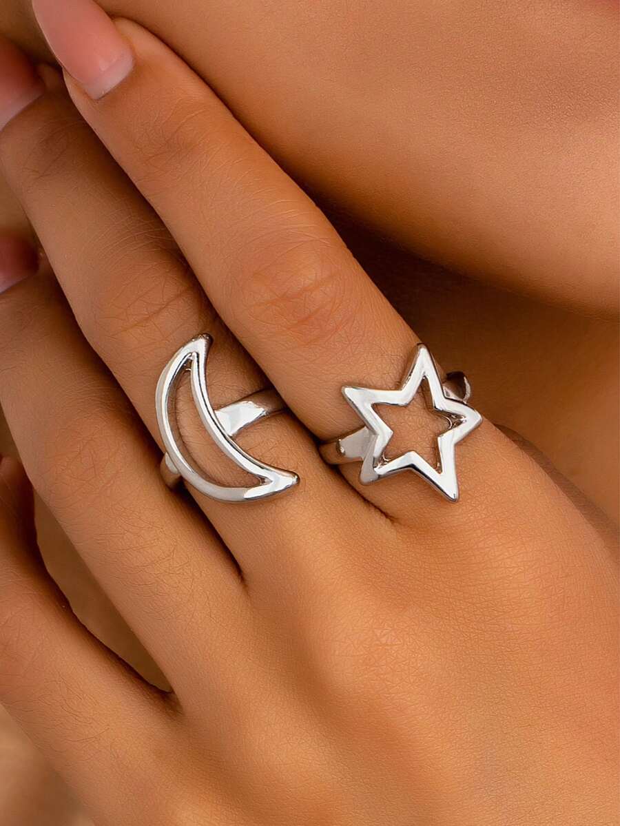 2件套简约星月设计戒指，女士时尚首饰 - 銀色 - 查看 1