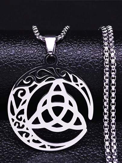 1件新款不锈钢爱尔兰凯尔特结新月项链，男女通用，三位一体幸运护身符首饰礼品