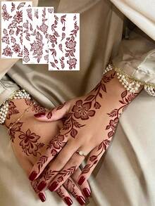 3张月亮花朵图案酒红色临时纹身贴纸 - Manhaiti Design 人体彩绘纹身，适合派对和节日 - 紅色 - 查看 8