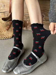 1/4 双装樱桃图案翻边中筒袜，女士可爱简约甜美风格薄袜，透气吸湿，时尚日常通勤休闲运动袜 - 彩色 - 查看 4