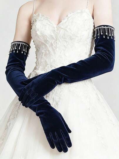 53cm, 1 Pair Women Velvet Tassel Long Arm Sleeves, Velvet Long Gloves Suitable For Balls, Weddings, Performances, Birthday Parties And Other Occasions