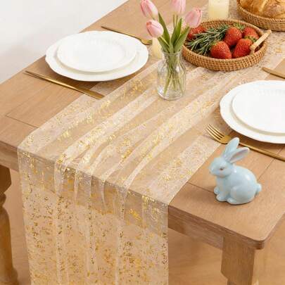 1 件金色薄纱桌旗，闪亮金属箔网状桌布，118/196 英寸闪亮餐桌中心装饰，适用于新娘婚礼、宴会、生日、婴儿派对、圣帕特里克节、周年纪念日、家居装饰、派对等。